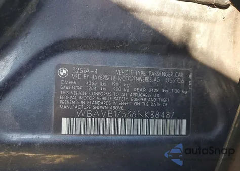 2006 BMW 325 I Automatic z USA, uszkodzony, nr VIN WBAVB17536NK38487